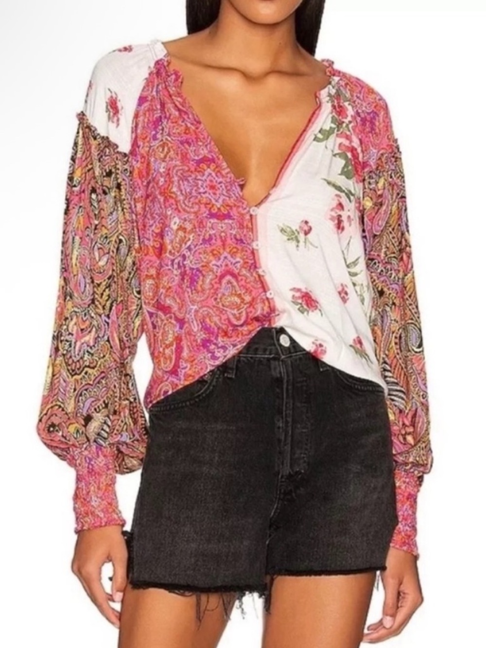 Free‎ People Gemini Blouse in Vintage Combo Pink Paisley Floral Size S